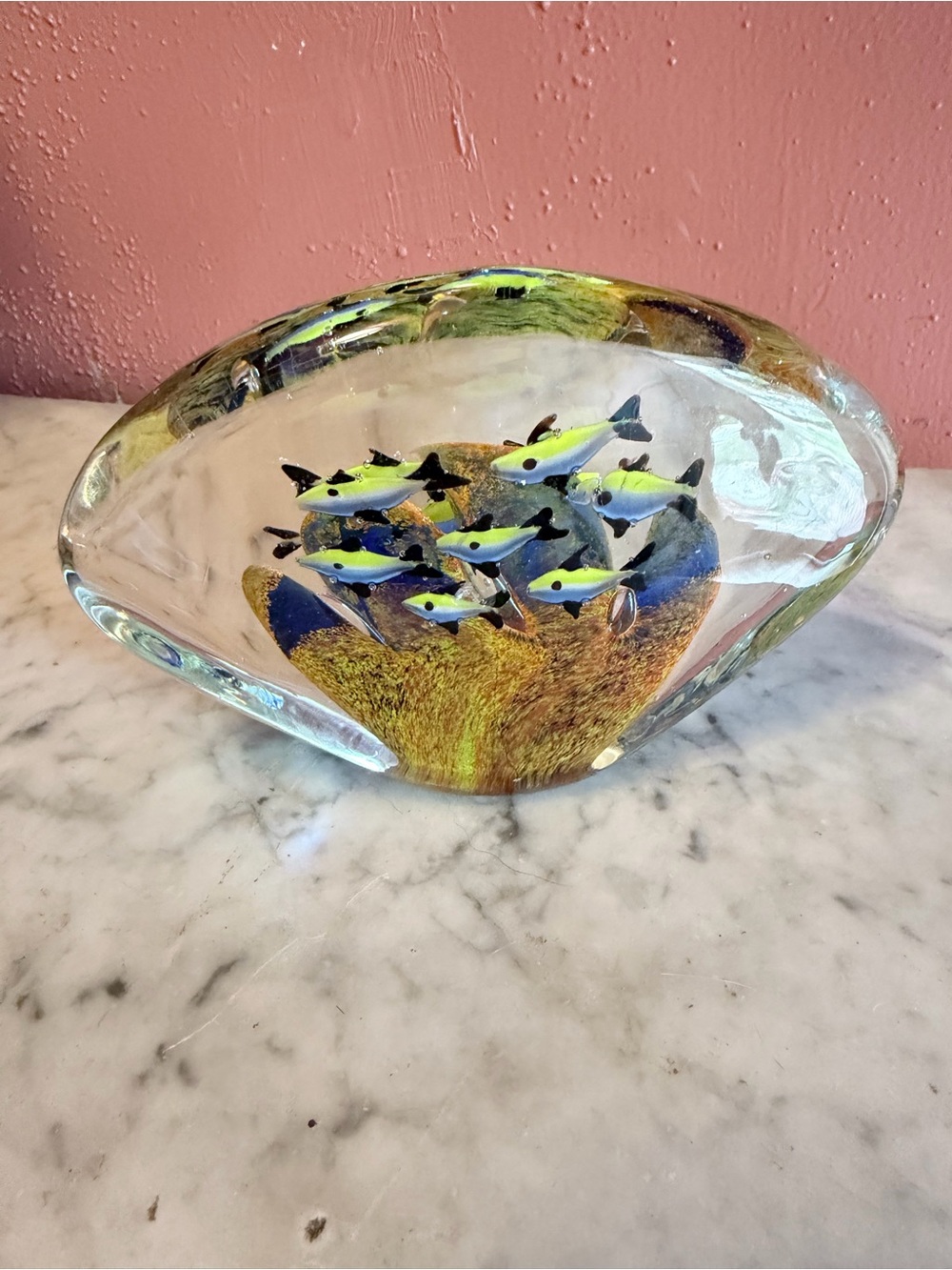 Hand-Blown Glass Fish Aquarium Sculpture - Yellow Blue Fish Design paperweight - Picture 3 of 8